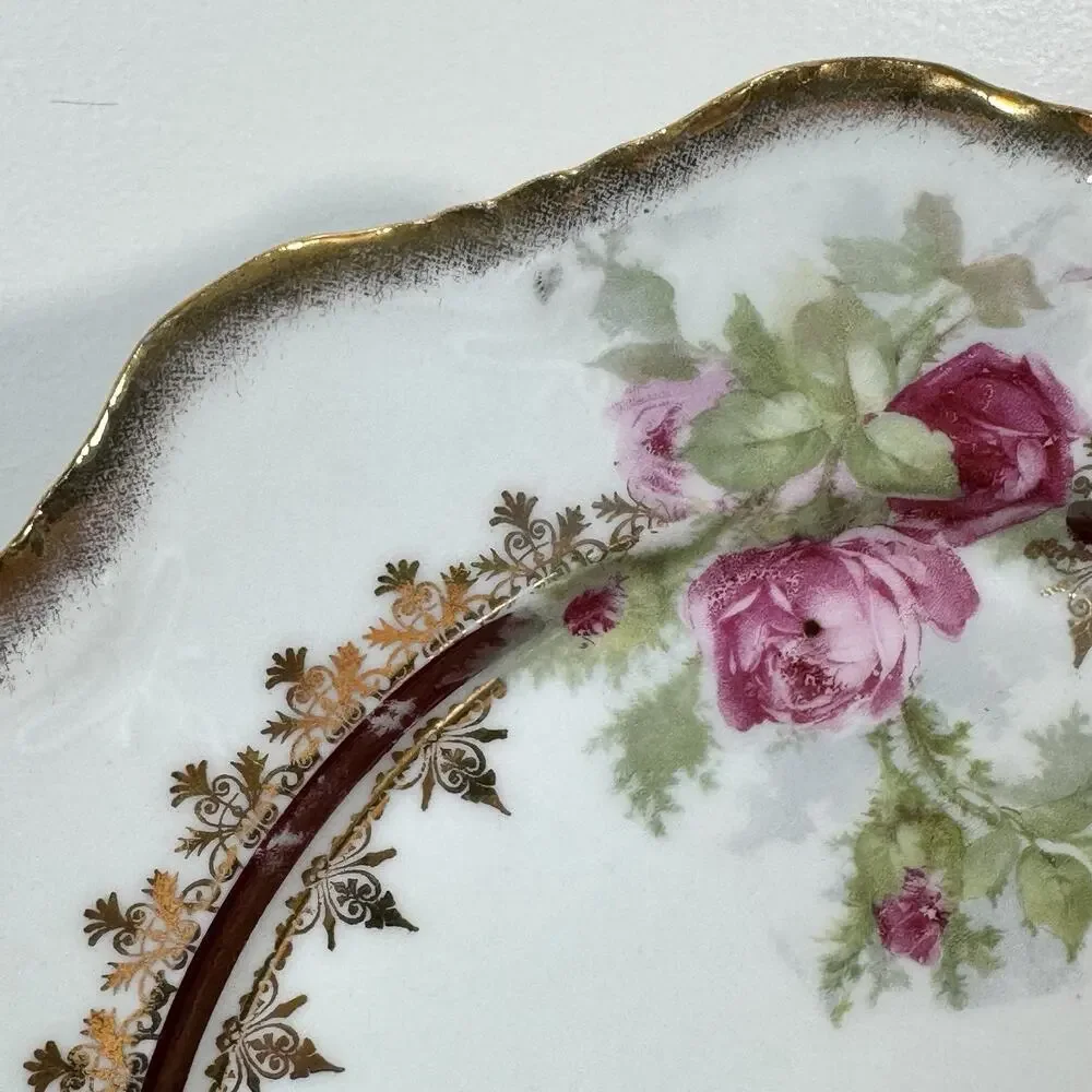 Antique Victorian Handled Cake Plate Pink Roses Gold Encrusted Gilt Burgundy